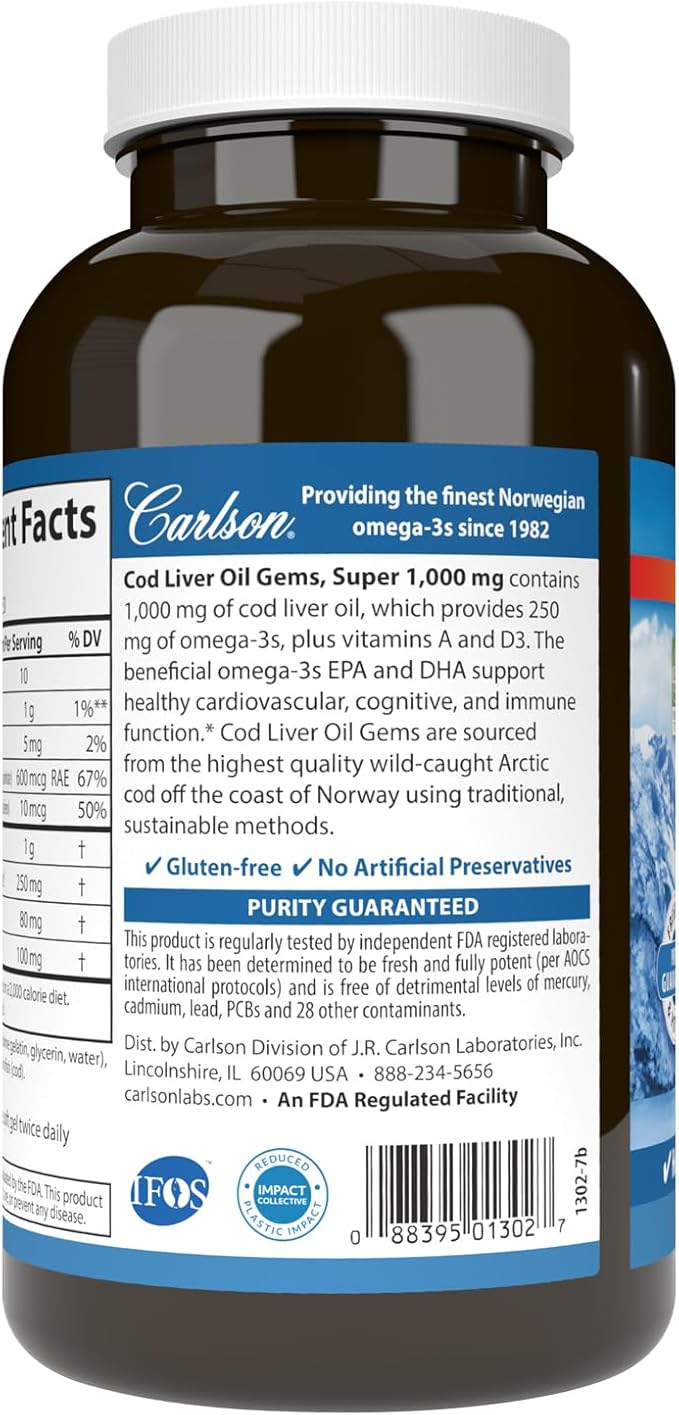Carlson - Cod Liver Oil Gems Super 1000 mg 250 mg Omega-3s 400 IU (10 mcg) Vitamin D3 Wild Caught Norwegian Arctic Cod Liver Oil Capsules 250 Softgels