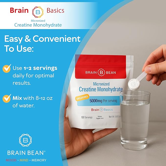 Brain Bean 500mg Unflavored Micronized Creatine Monohydrate Powder Helps Boost Energy for Brain Health - Non-GMO Gluten-Free Creatine Powder Supports Muscle Health (Made in USA)