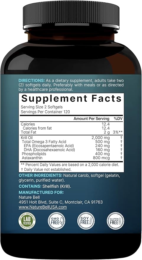 NatureBell Antarctic Krill Oil 2000mg Supplement 240 Softgels 3X Strength Natural Source of Omega-3s EPA 240mg + DHA 160mg + Astaxanthin 800mcg – No Fishy Aftertaste – Mercury Free &amp Non-GMO