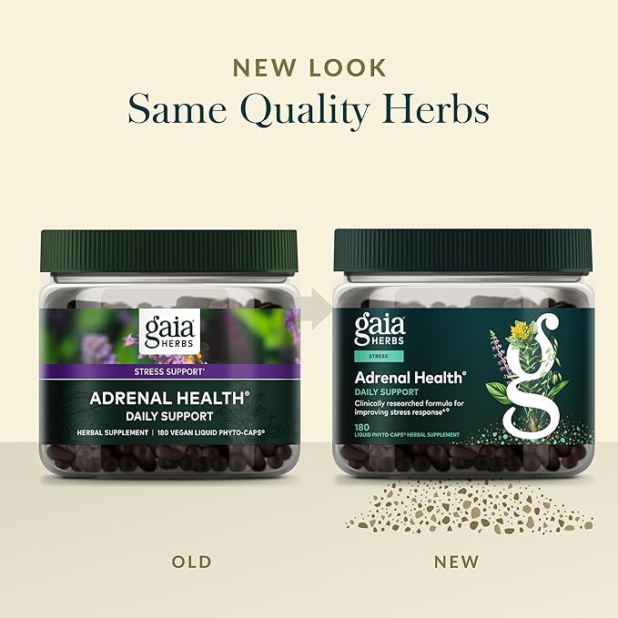 Gaia Herbs Adrenal Health Daily Support - Herbal Supplement with Ashwagandha Holy Basil &amp Schisandra - Help Maintain Healthy Energy &amp Stress Levels* - 180 Vegan Liquid Phyto-Caps (90 Servings