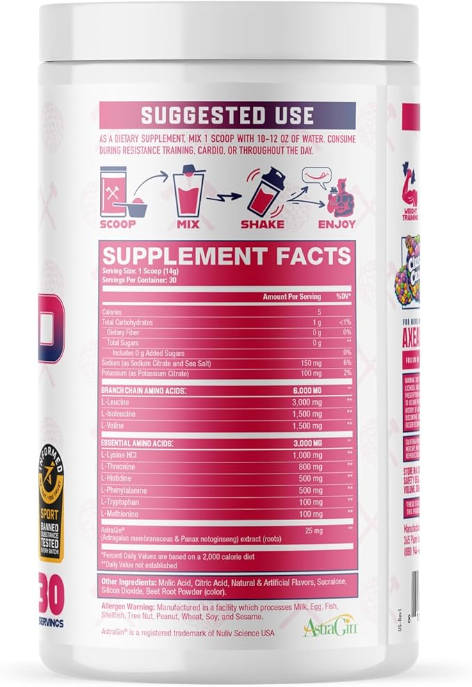 Axe &amp Sledge The Grind Essential Amino Acids | EAA &amp BCAA Powder | Muscle Recovery &amp Electrolytes for Hydration | Stimulant-Free Vegan | 30 Servings Cluster Candies