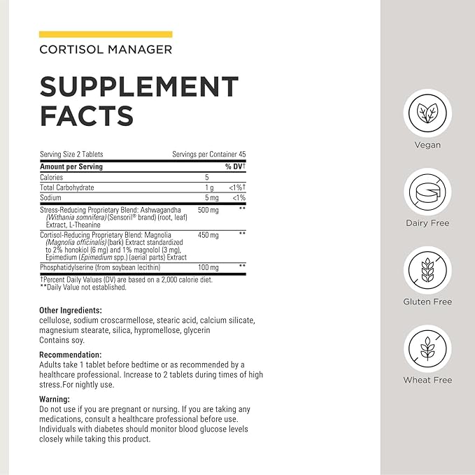Integrative Therapeutics Cortisol Manager - Balance Cortisol &amp Support Relaxation for Restful Sleep* - Includes Ashwagandha &amp L-Theanine for Confidence with Less Stress* - 90 Tablets (45 Servi