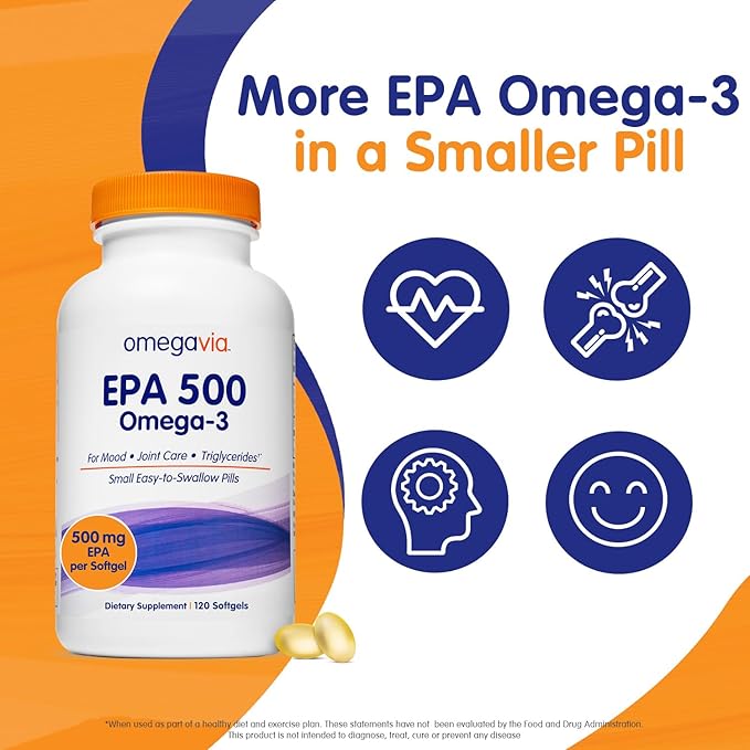 OmegaVia EPA 500 Purified Omega-3 Fish Oil Supplement 500 mg EPA in Triglyceride Form Burpless Fish Oil Non-GMO Gluten-Free IFOS 5-Star 120 Softgels