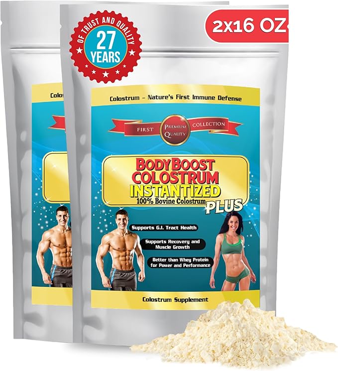 BodyBoost Colostrum Instantized 99.5% Bovine Colostrum Powder Immune Booster Supplement with Immunoglobulin &amp Lactoferrin Grass Fed Colostrum Food for Gut Health Diverse Intake 2 x 16 oz