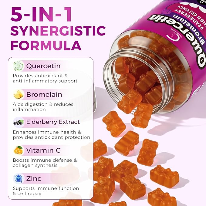 Quercetin Gummies Quercetin with Bromelain Vitamin C Zinc &amp Elderberry High Potency Immune Support Respiratory Health &amp Antioxidant Supplement for Adult &amp Kid Vegan 60 Gummies (2 Pa