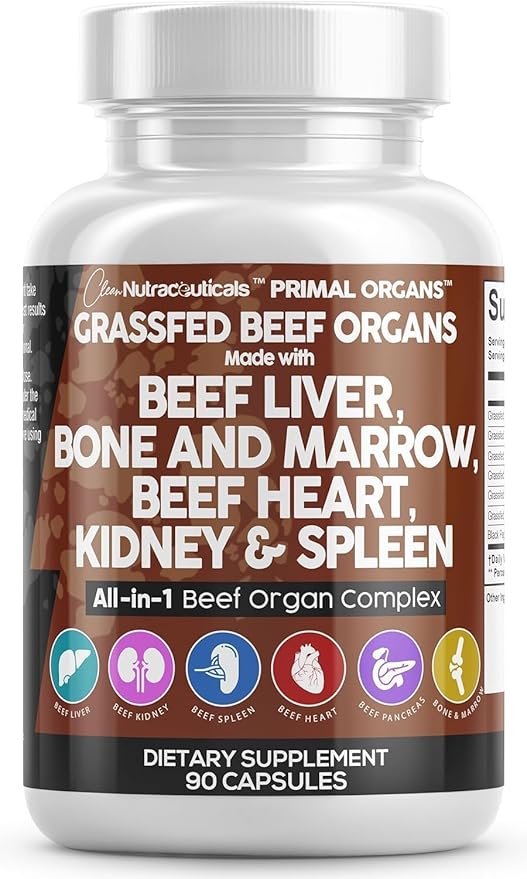 Clean Nutraceuticals Grass Fed Beef Liver Capsules - Premium Quality Supplement Packed with Desiccated Beef Heart Spleen Pancreas Plus Bone &amp Marrow Dao Enzyme Pills
