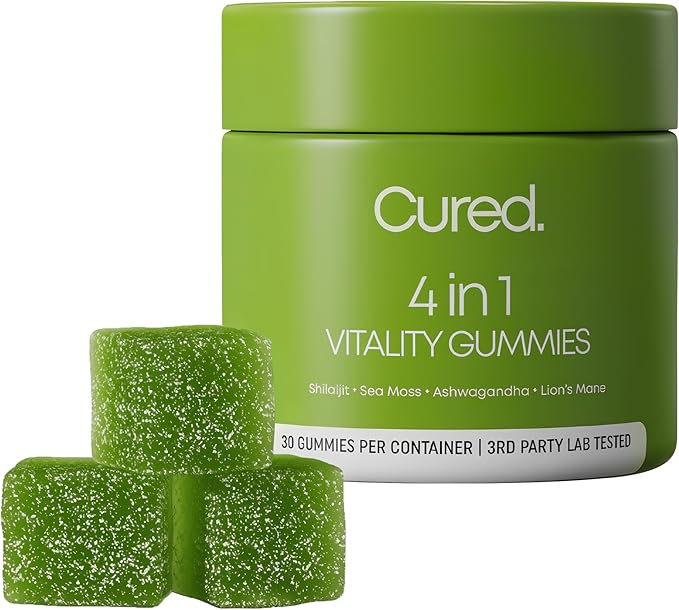 Cured 4 in 1 Gummies for Vitality with Pure Himalayan Shilajit for Men &amp Women Lions Mane Mushroom and Sea Moss Ashwagandha Supplements | Vegan &amp Non-GMO Neuropathy Supplements | Made in Ame