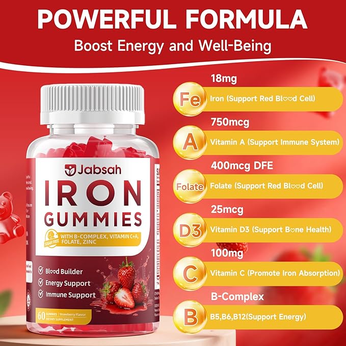 Vegan Iron Gummies for Women &amp Men Iron Supplement with B-Complex Vitamin C A Folate for Adults &amp Kids - Blood Builder &amp Energy Support &amp Immune Health - Strawberry Flavor 120 Gum