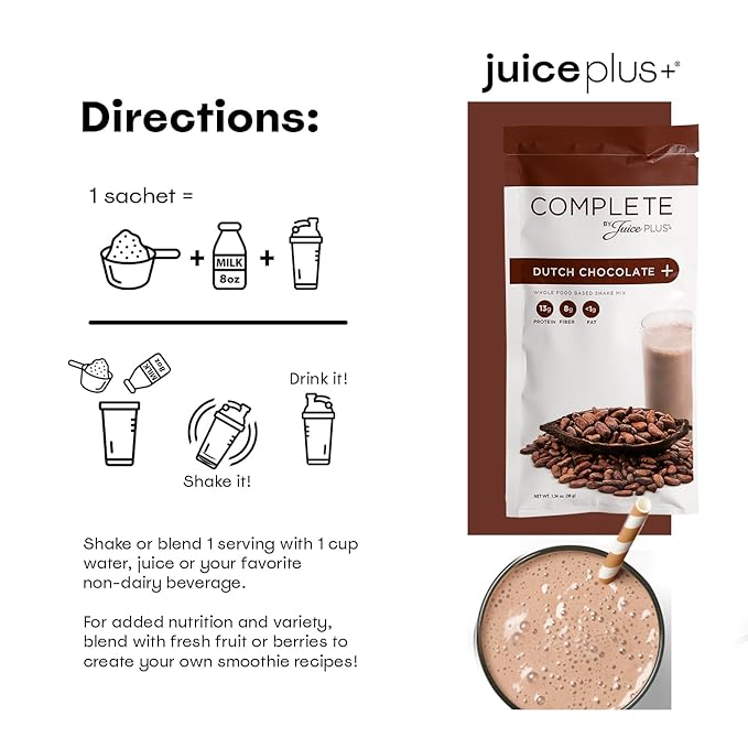 Complete by JuicePlus+ Single Serve Dutch Chocolate Shakes - Plant-Based Nutrition - Vegan Gluten-Free Non-GMO Kosher Whole Food Based Shake Powder with Protein Fiber &amp Prebiotics - 15 Servin