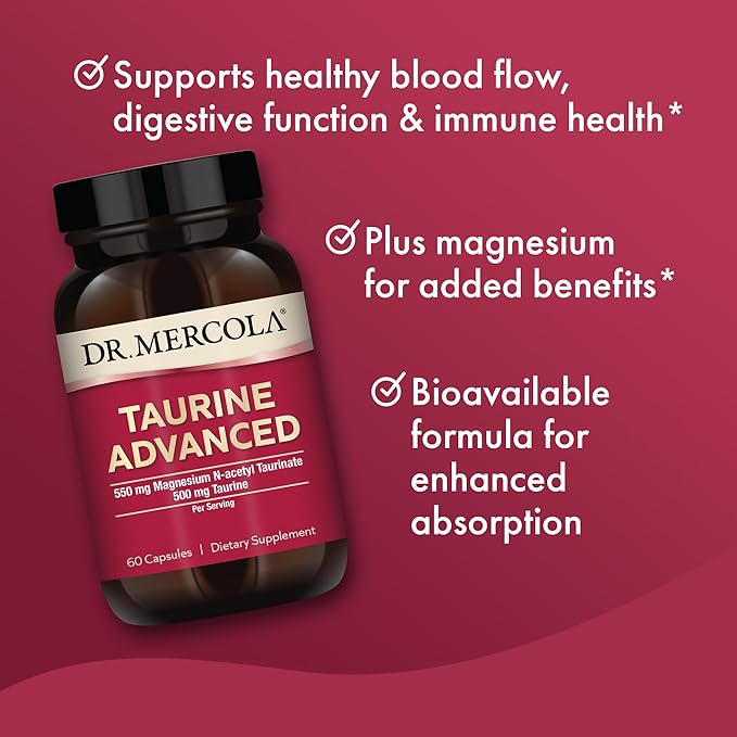 Dr. Mercola Taurine Advanced 500 mg Taurine Per Serving Dietary Supplement Supports Muscle Function Non-GMO - 30 Servings (60 Capsules)