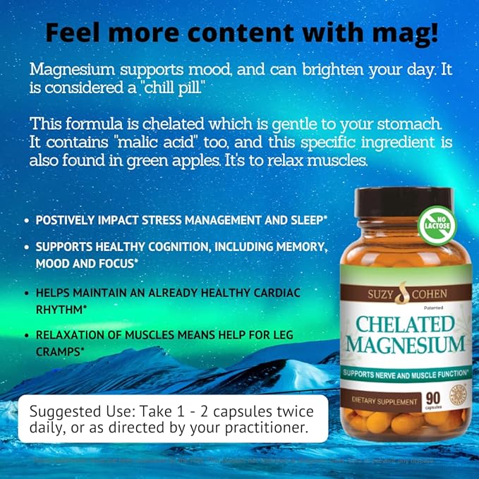 Chelated Magnesium Capsules 45 Servings - Supports Nerve and Muscle Function - 90 Capsules - by Suzy Cohen RPh