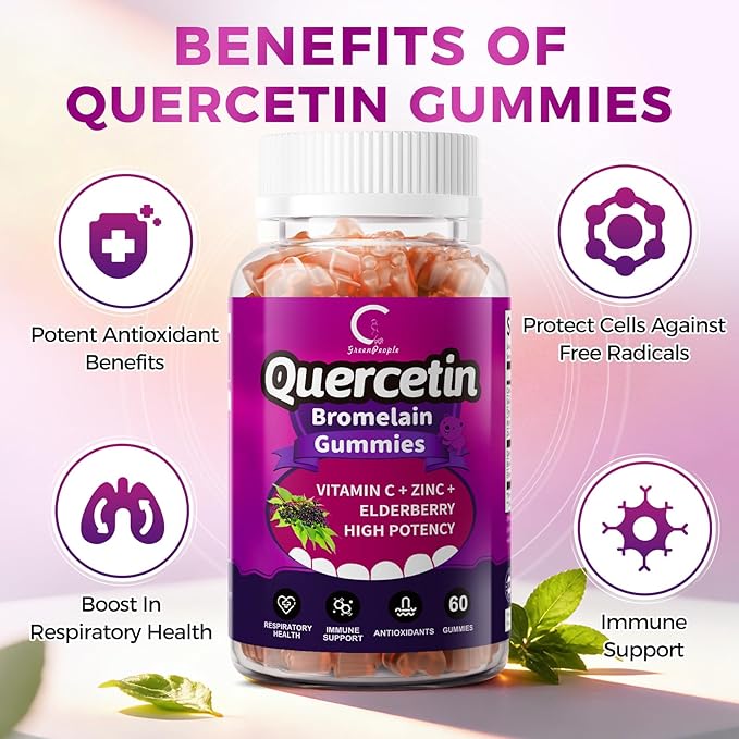 Quercetin Gummies Quercetin with Bromelain Vitamin C Zinc &amp Elderberry High Potency Immune Support Respiratory Health &amp Antioxidant Supplement for Adult &amp Kid Vegan 60 Gummies (2 Pa