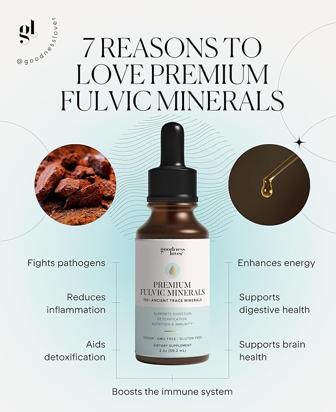Goodness Lover Fulvic Minerals 100 Trace Minerals Vitamins Amino acids polyphenols antioxidants and Electrolytes 120 Servings