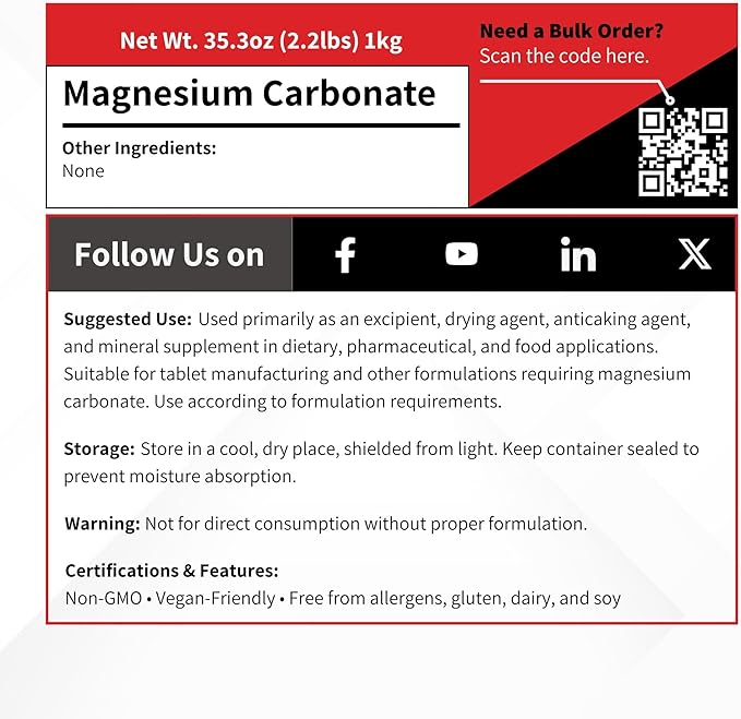 Magnesium Carbonate Light Powder USP - 1 kg (2.2 lb) - Hydromagnesite Mag Powder Tablet and Capsule Diluent Carrier Excipient