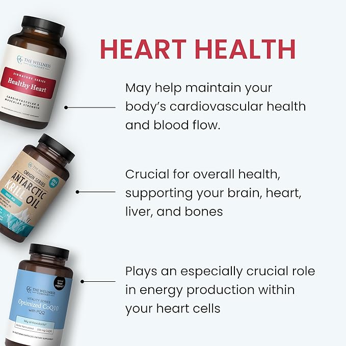 The Wellness Company Healthy Heart - Cardiovascular Strength Blood Flow Nitric Oxide Production &amp Healthy Cholesterol Levels | 120ct (2 Month Supply)