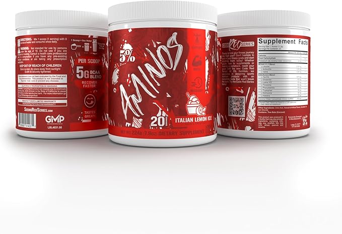 5% Nutrition Code Red Aminos BCAA &amp EAA Post Workout Recovery Powder | Full Spectrum Essential Amino Acid Complex for Men &amp Women (Italian Lemon Ice)