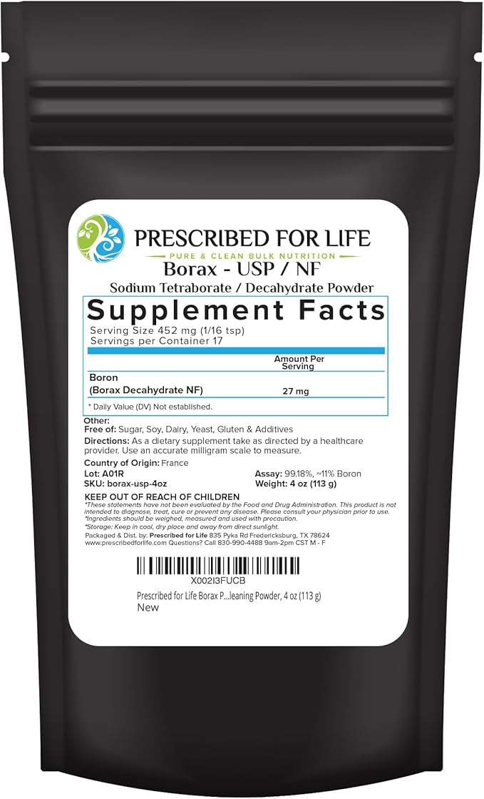 Prescribed for Life Borax Powder Pure USP NF Grade All Natural Sodium Borate Powder Household Laundry Booster Slime Activator &amp Multipurpose Cleaning Powder (4oz / 113g)