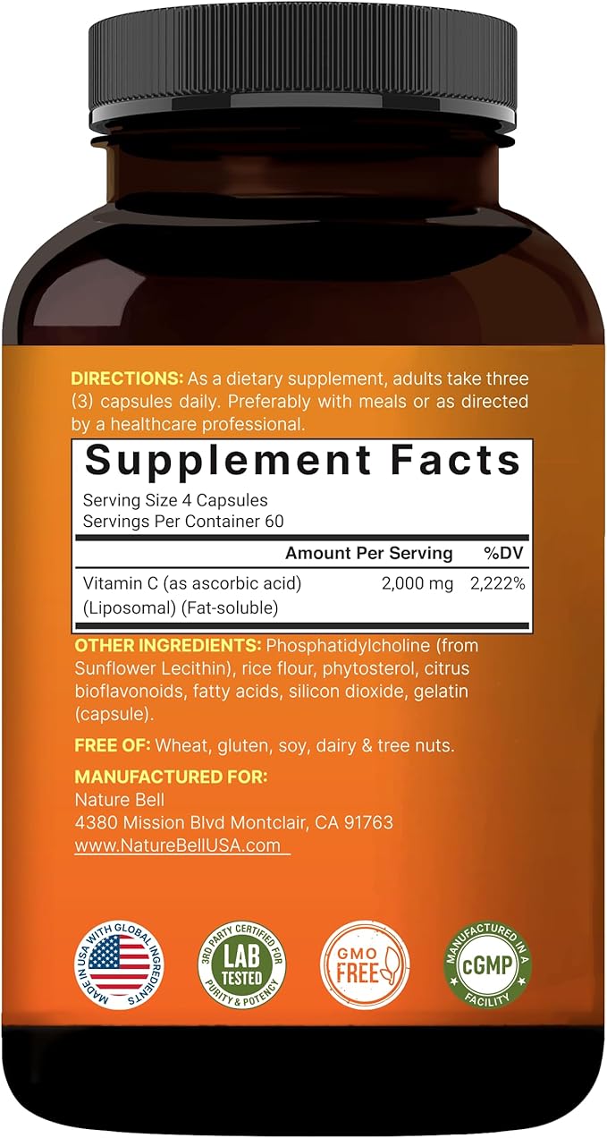 NatureBell Liposomal Vitamin C 2000mg Per Serving 240 Capsules | High Absorption Fat-Soluble Vitamins – Max Strength Antioxidant* Supplement – Non-GMO Gluten Free