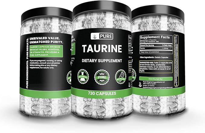 PURE ORIGINAL INGREDIENTS Taurine (730 Capsules) No Magnesium Or Rice Fillers Always Pure Lab Verified
