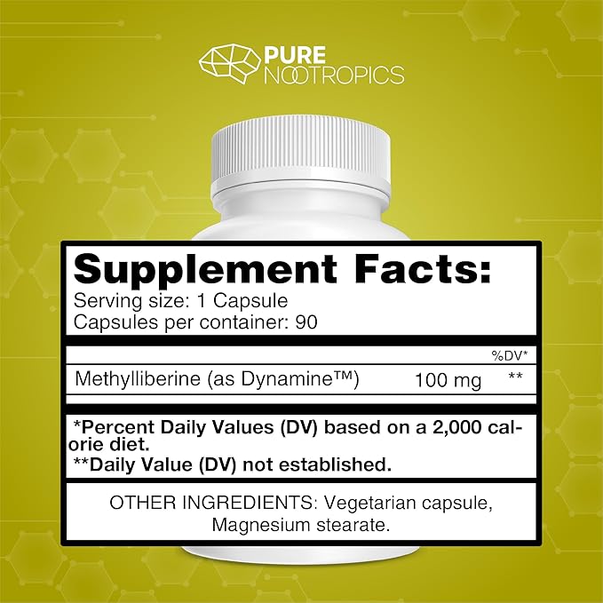 Pure Nootropics - Dynamine (Methylliberine: 179-tetramethyluric Acid) 100 mg Capsules (90) | Increased Energy Focus &amp Alertness | in House &amp Rigorous 3rd Party Testing for Higher Purity &am