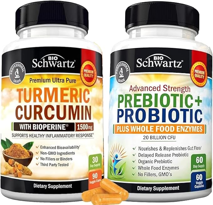 Turmeric Curcumin with Black Pepper Extract 1500mg Complex (1 Month Supply) Plus Advanced Strength Pre and Probiotics Supplement with Digestive Enzymes (1 Month Supply)