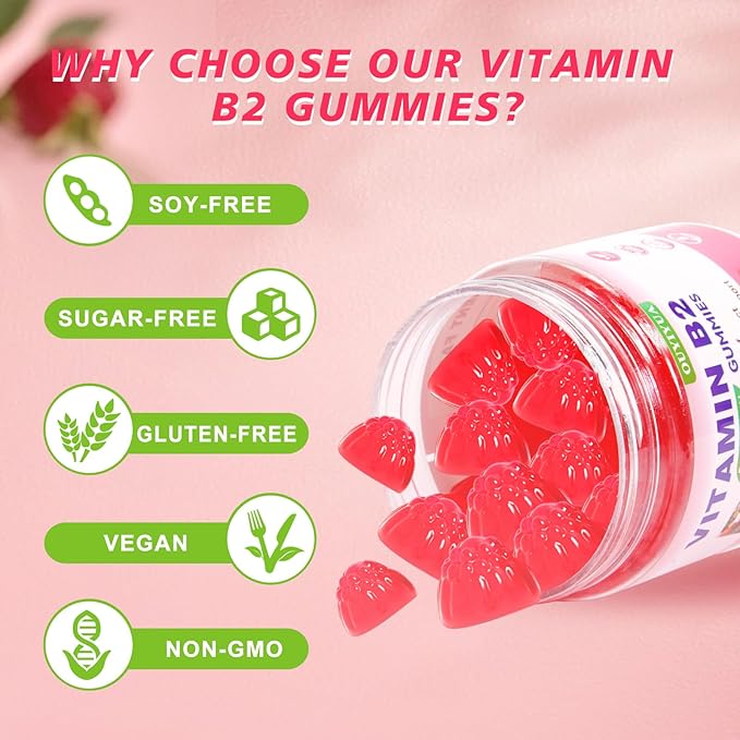 Vitamin B2 Gummies Riboflavin 400mg Supplement with Magnesium for Kids &amp Adults B2 Gummies for Migraine Relief Headache Relief &amp Nervous System Support Vegan Sugar-Free Raspberry Flavor 90