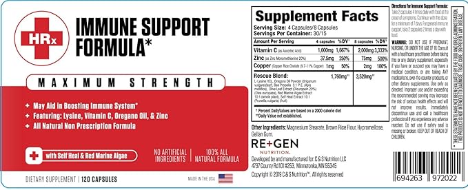 Re+Gen Nutrition Immune Support Supplement for Adults Natural Capsules with Zinc Vitamin C L lysine Amino Acid &amp Oregano Oil for Strong Immunity Health in Men &amp Women 120 Capsules