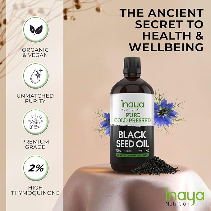 Nigella Sativa Black Seed Oil – Pure Cold-Pressed with 2% Thymoquinone | Egyptian Sourced | Nutrient-Rich for Overall Wellness Hair &amp Skin Care | 30 Servings in Glass Bottle