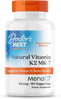 Doctor's Best Natural Vitamin K2 MK7 Supplement for Men &amp Women - Bone Health Support 45 mcg Vitamin K-2 MK-7 Capsules with MenaQ7 Calcium Support Non GMO Vegan - 180 Veg Caps