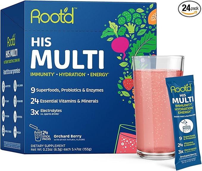 Root'd Multivitamin Powder with 3X Electrolytes for Men - 24 Vitamins &amp Minerals 3X Electrolytes 9 Organic Superfoods Probiotics &amp Enzymes Sugar-Free Multivitamin &amp Hydration | 24 Pack