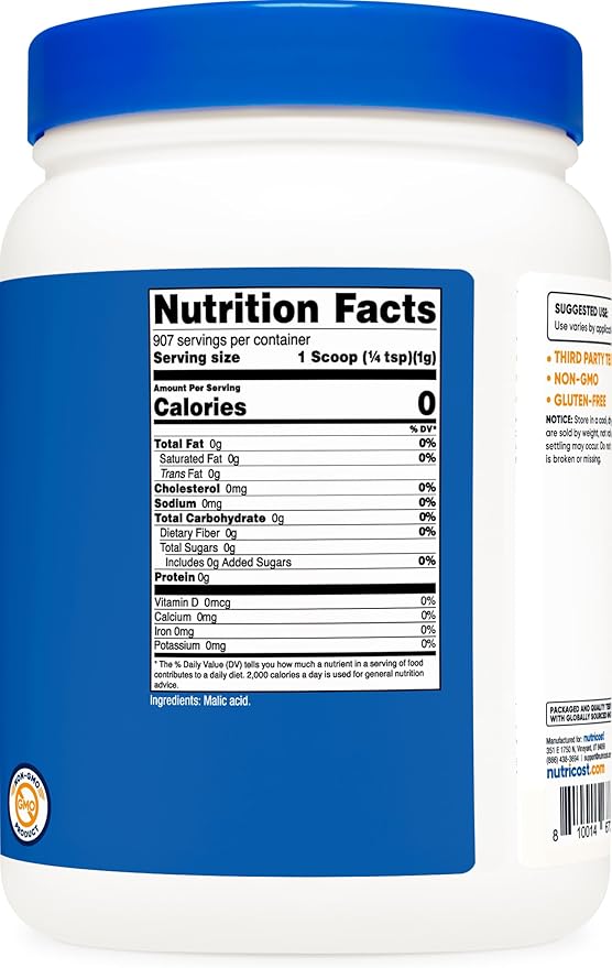 Nutricost Malic Acid Powder 2 LBS - Gluten Free Non-GMO