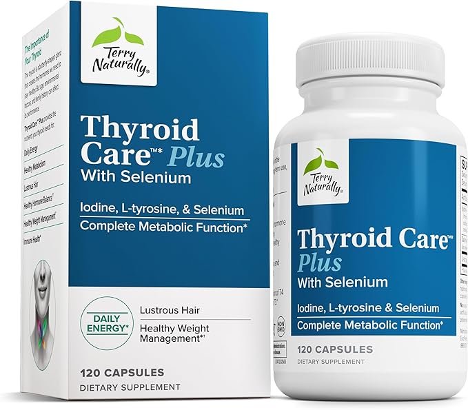 Terry Naturally Thyroid Care Plus - Supplement to Aid Thyroid - Dietary Supplement for Energy &amp Healthy Hair Support - Supplement with L-Tyrosine &amp Selenium - 120 Capsules
