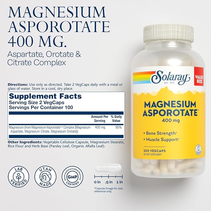 Solaray Magnesium Asporotate 400 mg | Aspartate Orotate &amp Citrate Complex | Healthy Heart Muscle Nerve &amp Circulatory Function Support | 200 VegCaps
