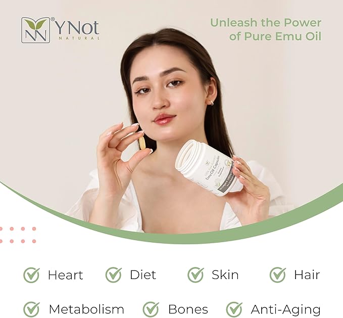 Y Not Natural Emu Oil Capsules - Heart Hair Metabolism &amp Joint Support Supplement - Pharmaceutical Grade Emu Oil with CLA Omegas 3 6 &amp 9 with Vitamin K2 A &amp E 1000mg 100 Capsules