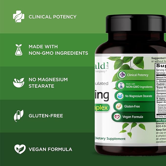Emerald Labs Anti-Aging Cellular Complex - Supports Healthy Aging &amp Liver Health with Setria L-Glutathione CoQ10 R-Alpha Lipoic Acid Resveratrol &amp More - 60 Vegetable Capsules (30-Day Suppl