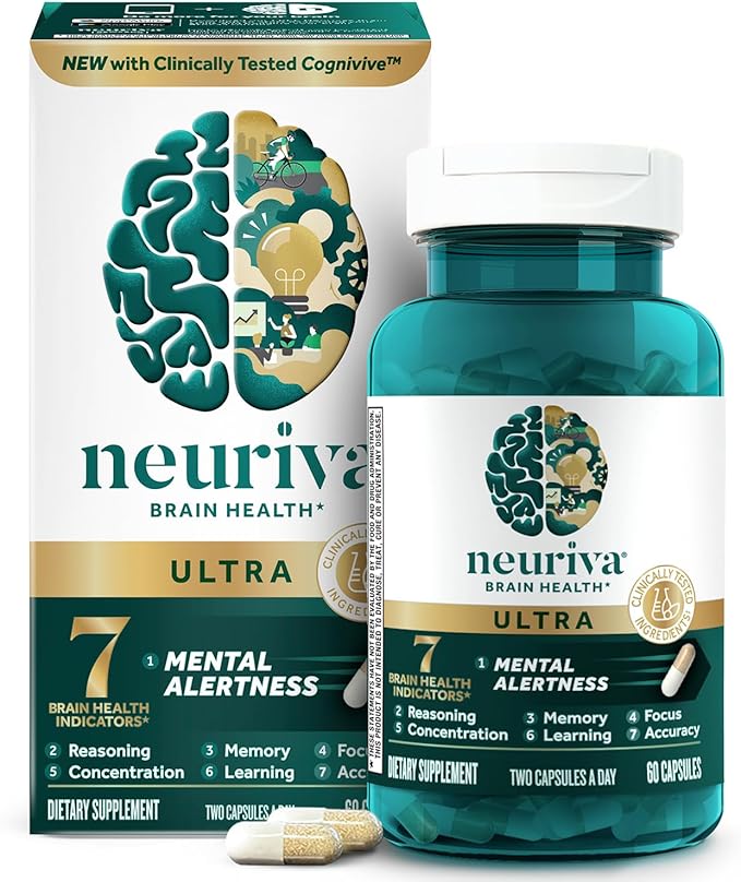 NEURIVA Ultra Decaffeinated Clinically Tested Nootropic Brain Supplement for Mental Alertness Memory Focus &amp Concentration Cognivive Neurofactor Phosphatidylserine Vitamins B6 B12 60 Capsul