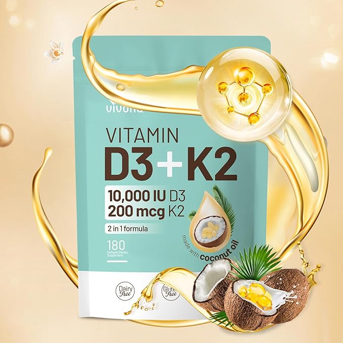 VivoNu Vitamin D3 K2 10000 IU with MK7-300 Virgin Coconut Oil Softgels 2 in 1 Vitamins D &amp K Complex | Vitamina D3 con K2 ((180 capsules/1Bag))
