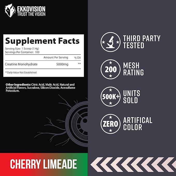 Ekkovision Creatine Monohydrate Powder Micronized Cherry Limeade Pre Workout &amp Post Workout Supplement for Men &amp Women Energy Support Easy to Mix in Shakes Smoothies &amp Beverages 100