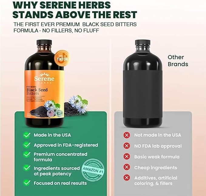 Serene Herbs Organic Black Seed Oil Bitters Liquid - Black Cumin Seed Extract Nigella Sativa Pure Blackseed Supplement with Thymoquinone for Immune Support &amp Digestion - Vegan - 16 oz