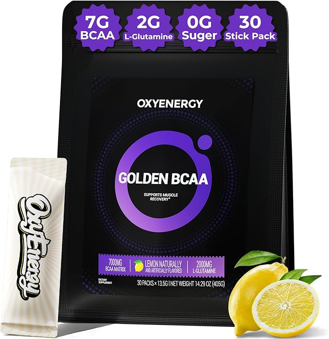 OxyEnergy BCAA 2:1:1 Powder 7g BCAAs and 2g L-Glutamine Taurine for Muscle Recovery Increased Endurance Perfect Amino Aicds for Pre &amp Post Workout Recovery Sugar Free Lemon 30 Stick Pack