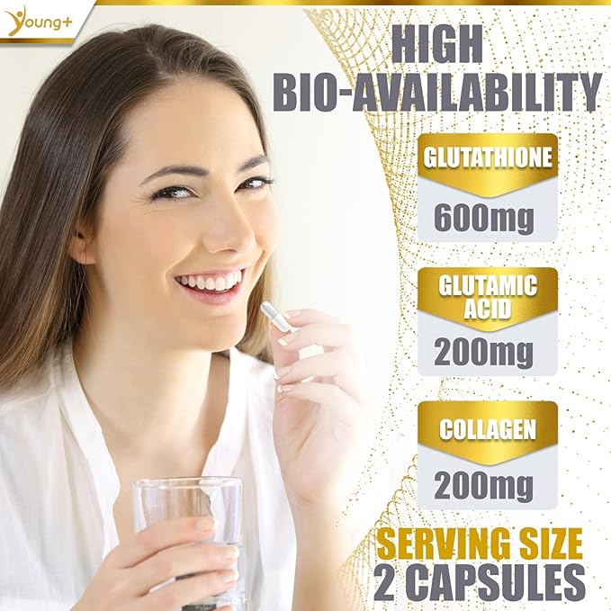 Young+ Glutathione Glutamic Acid and Collagen. Antioxidant Supplement - 1000mg 60 Capsules