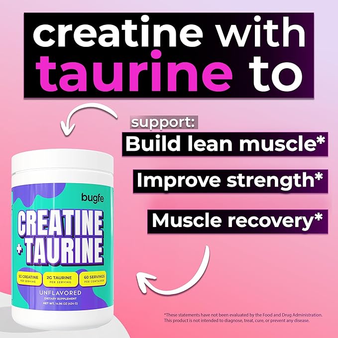 Creatine with Taurine for Women &amp Men - Unflavored Micronized Creatine Monohydrate Plus Taurine Powder to Support Muscle Strength Recovery &amp Brain Health (60 Servings)