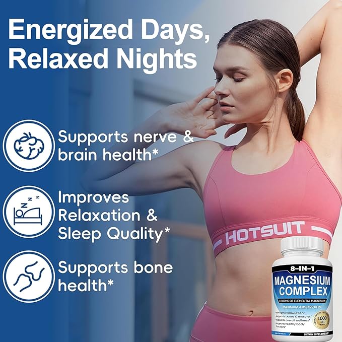 Magnesium Complex Supplement 8 Elemental 1000mg with GlycinateCitrate for Muscle Recovery Stress Energy Bone Health Vegan Non-GMO 180 Capsules Magnesium Supplement for Women Men 2 Bottle