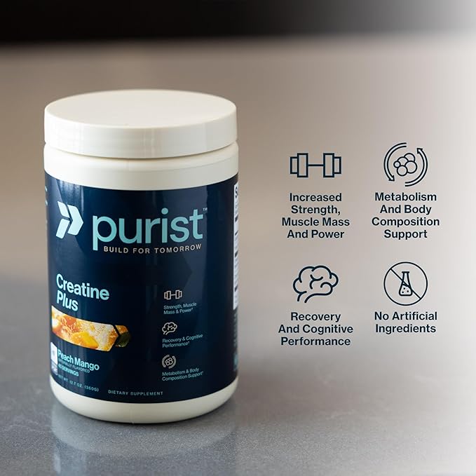 PURIST Protein Creapure Creatine Plus Monohydrate | Workout Powder Supplement | Women Men Muscle Strength Energy Recovery | Clean Nutrition | NSF Certified | Contains Sugar Free Stevia (Peach Mango)