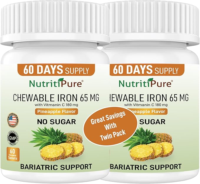 Chewable Iron 65 mg with Vitamin C 180 mg - Tablet in Pineapple Flavor 60 Count (2)