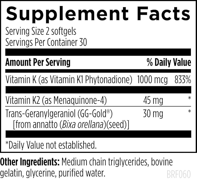Designs for Health BRF 45 - Vitamin K1 + Vitamin K2 as MK-4 to Promote Bone Strength Healthy Aging + Arterial Health - 2 Forms of Vitamin K + GG to Aid Vitamin K2 MK4 Production (60 Softgels)
