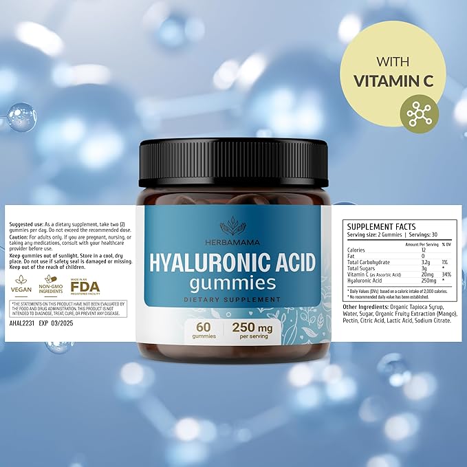 HERBAMAMA Hyaluronic Acid Gummies - 250mg Pure Hyaluronic Acid for Hair Skin &amp Nails Support - Vegan Non-GMO Skin Elasticity Supplement - 60 Pectin-Based Mango-Flavored Chews