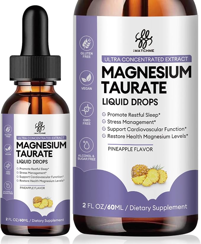 Magnesium Taurate Liquid Drop for Muscle Function Nerve and Heart Health Support High Absorption Magnesium Supplement with B6 CoQ10 Vegan Non-GMO Gluten/Sugar Free Pineapple Flavor 2 Fl Oz
