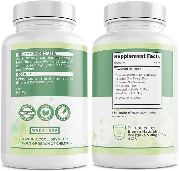Elanen Naturals Liu Wei Di Huang Wan Rehmannia 6 Six Flavor Rehmannia 100 Vegetable Capsules
