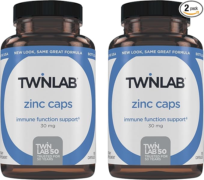 Twinlab Zinc Caps - Immune Support Supplement - Zinc Picolinate &amp Gluconate - Supplement for Immune Defense Healthy Skin DNA Synthesis Metabolism and Growth - 30mg 100 Caps - 2 Pack